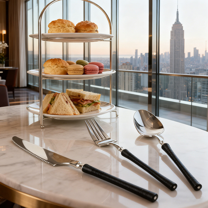 textured black handle cutlery set